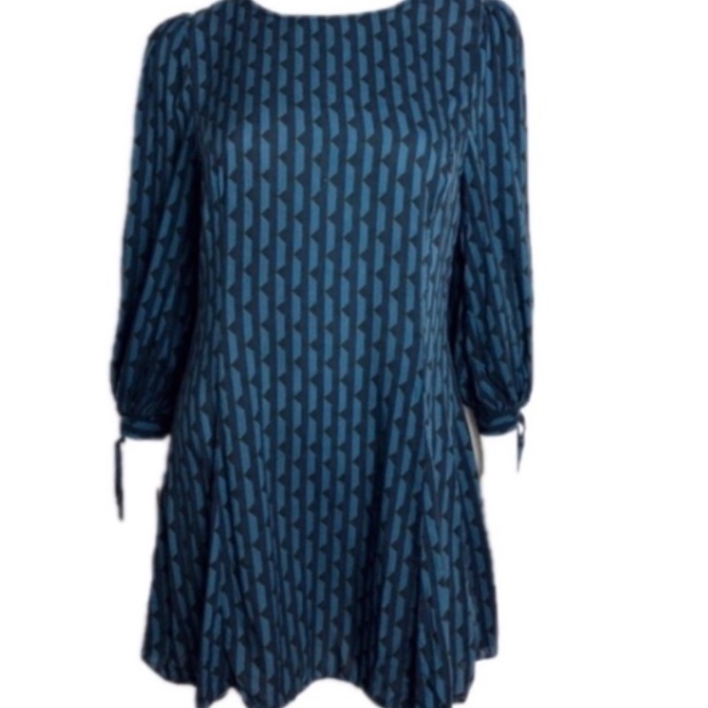 Zara Blue Patterned Long-Sleeved Swing Dress